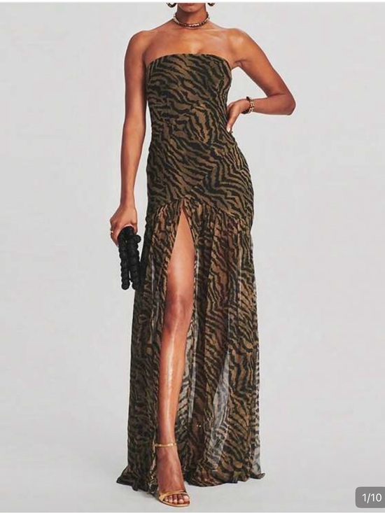 Dresses & Skirts - Strapless Olive Zebra-Print Maxi Dress with Front Slit